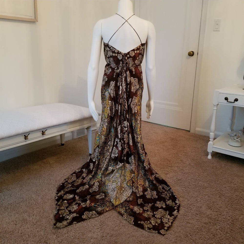 Vintage Y2K Maxi Dress 8 100% Silk Floral High Low Halter Brown Multi Boho Fairy - Picture 2 of 13